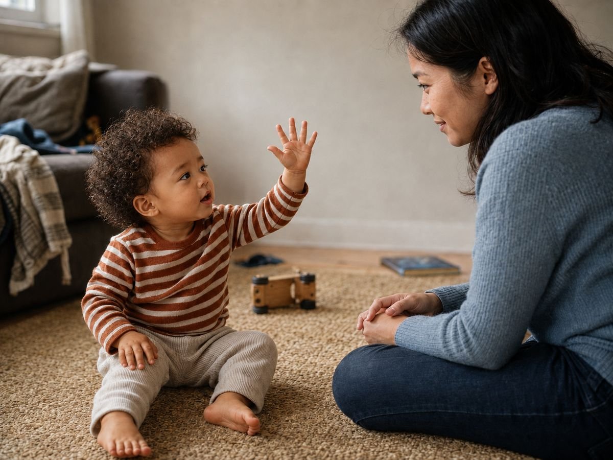 A mother sitting on the floor at eye level with her toddler, listening as he reaches toward her